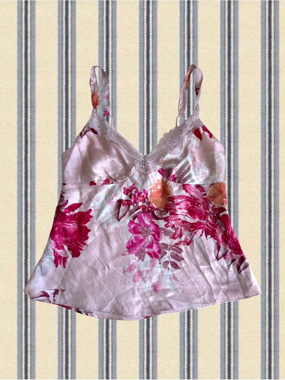 Lace-Trim Floral Satin Pink Camisole